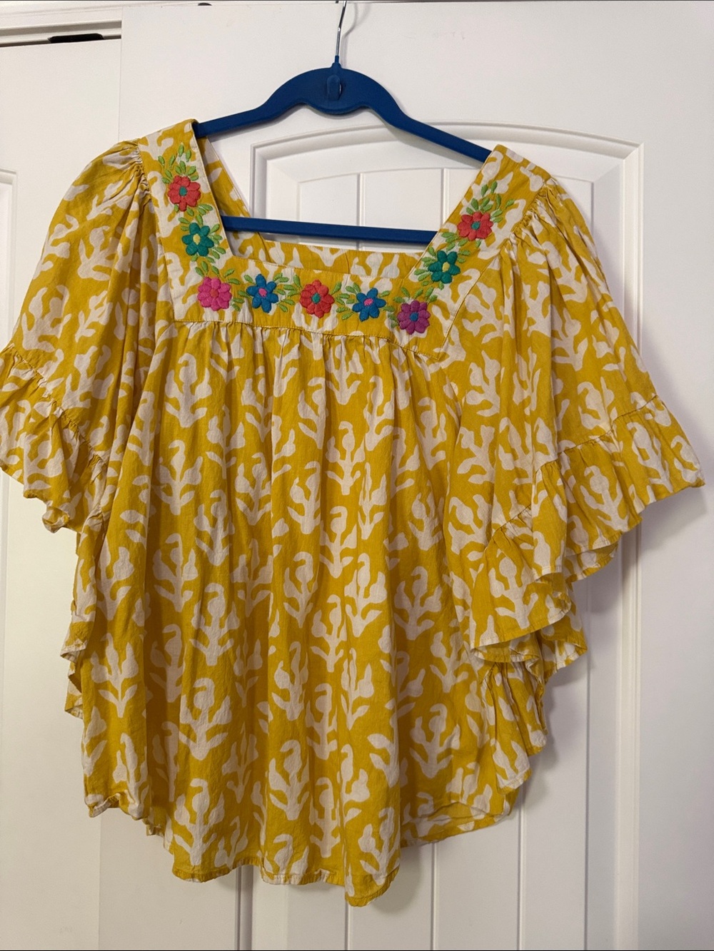 Yellow Floral-Embroidered Square-Neck Tunic Top